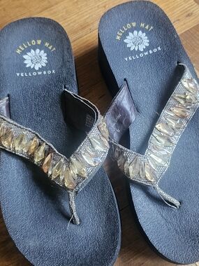 Yellow Box Black Sandals with Gold Gem Accents